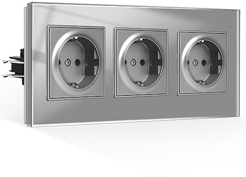 CNBINGO Dreifachsteckdose Steckdose Unterputz mit Krallen, Schuko Steckdose Gehärteter Glasscheibe, Grau Schutzkontakt Wandsteckdose, 3-Fach, 16Amp, 250V