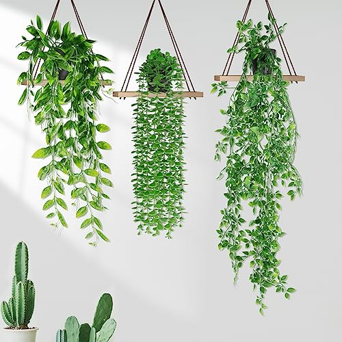 ENCOUN 3PCS Plantas Artificiales Colgantes con Macetas, 55-90cm, Plantas Artificiales Decorativas para Cocina, Sala de Estar, Balcón, Jardín