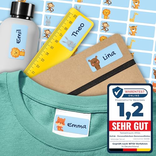 Namensaufkleber für Kinder (54 Stk. 30x13 mm) - Wasserfeste Namensschilder für Kleidung, Textilien und Gegenstände - Optimal für Kita, Kindergarten und Schule - Schöne Motive personalisierbar