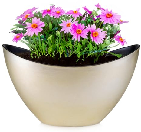 Vaso ovale per piante da esterno in 24 x 10 x 14 cm – Ciotola decorativa alta vintage in oro champagne come vaso per fiori – Jardiniere per giardino, balcone o cimitero come gioiello per tomba