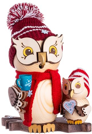 Drechslerei Kuhnert Rauchfigur/Räucherfigur - Eule mit Kind auf Weihnachtsmarkt aus Massivholz - ca. 15 cm - Made in Germany