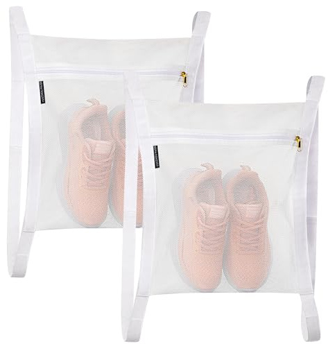 YVVZHOU PANN Sneaker Dryer Bag, 2 Pcs Reusable Sneaker Drying Mesh Bags, Honeycomb Net Laundry Bags with Zipper & Strap for Washing Machine, 15.7''x13.8'', White