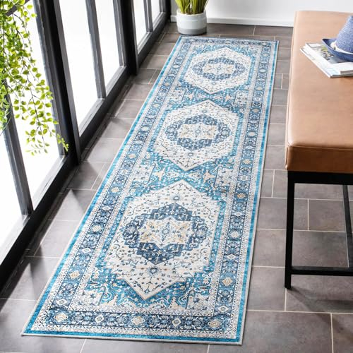 Carvapet Lavable Alfombras de Pasillo 60x240cm Alfombra Corredor Antideslizante Largo Fina Alfombras de área Azul Alfombra para el Salón Dormitorio