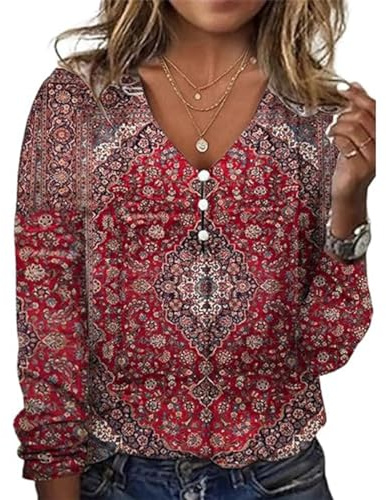 GRMLRPT Chemisiers Col en V de Plage Femme Blouses pour Femme Tunique Décontractée Vintage Tops Casual Manche Longue pour Quotidien (Rouge,XXL)