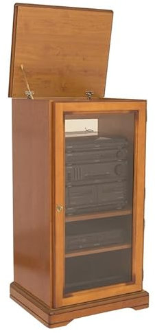 Rack HiFi Merisier 1 Porte Vitrée Dessus Relevable 5 Niches L 57 H 107 P 46.5 cm