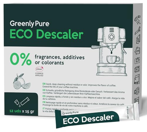GREENLY PURE Decalcificante Universale per Macchine da Caffè, 100% Acido Citrico di Qualità Alimentare, Anticalcare per Acqua, 12 bustine da 15g