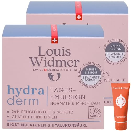 Louis Widmer hydraderm Tagesemulsion unparfümiert 2x 50 ml I für normale & Mischhaut I Anti-Ageing Tagespflege I intensive Feuchtigkeit I Hyaluronsäure I Spar-Set plus Pharma Perle give-away