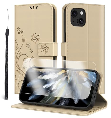 Anshow for iPhone 13 Case Wallet with Wrist Strap, Flip Leather Case with Cards Holder Phone Case with Kickstand Cover for iPhone 13, Gold