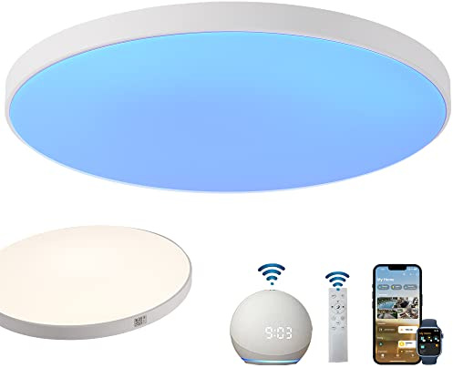 LED Deckenleuchte Alexa Kompatibel 32cm Smart Deckenlampe Weiß RGB Dimmbar mit Fernbedienung mit Apple Homekit Deckenleuchte Farbwechsel Steuerbar Via App 24W Rund Flach IP44 für Schlafzimmer Flur