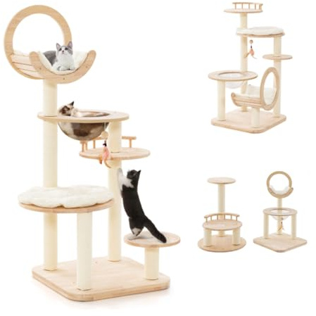 GOPLUS Arbre à Chat 146cm en Bois, 4 en 1 avec Nid en Capsule Spatiale, Perchoir Supérieur Courbé, Plateforme en Bois de Caoutchouc avec Coussins, Poteaux à griffer, Beige