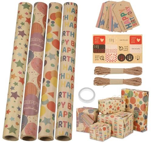 JIANTA Rouleau Papier Cadeau Anniversaire, 43cm x 3m Kraft, Emballage pour Enfants, Noël, Fille, Mariage, Femme