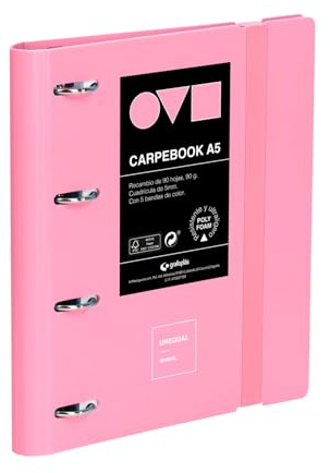 Grafoplas A4-ringpärm med 4 ringar, polyfoam foliebok, robust och ultralätt, rosa minimal, inkluderar reservdel, avdelare och kuvert, perfekt för att organisera skolmaterial