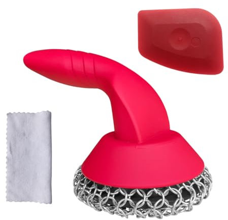 Cast Iron Scrubber with Pan Scraper & Towl, 316 Chainmail Scrubber with Long Handle, Upgraded Chain Mail Scrubber Cleaner for Grill Pan Skillet Wok Carbon Steel Dutch Oven Metal Brush (Red)