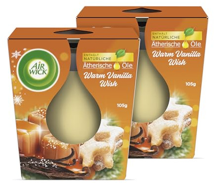 Air Wick Wohlfühl-Duftkerze im Glas – Duft: Warm Vanilla Wish – Je bis zu 20 Stunden Brenndauer – Enthält natürliche ätherische Öle – 2 x 105 g Duftkerze