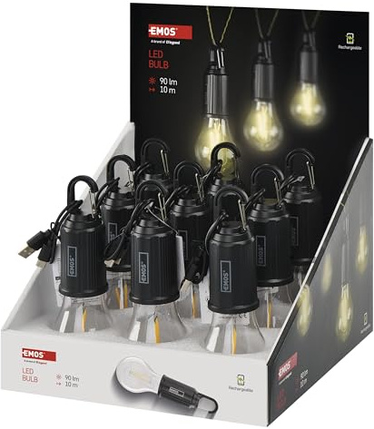 EMOS aufladbare LED-Glühbirne 9 Stück, wasserdichte batteriebetriebene Party-Lampe mit Haken und 3 Beleuchtungsmodi, für Outdoor, Garten, Camping, Deko, Stromausfall, Schwarz