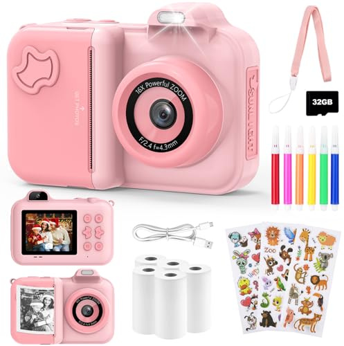Sofortbildkamera Kinder, 24MP 2,4 Zoll Bildschirm, Selfie, 32GB Speicherkarte, Farbige Stifte, 1080P HD Dual Kamera, Sofortdruck, Geschenk für 3-12 Jährige, Rosa