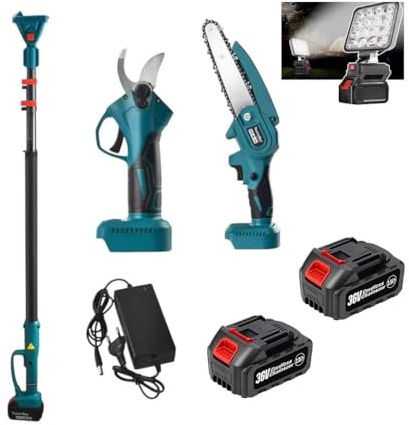 Kit Potatura Motosega Elettrico Forbice Elettrico Faro led da lavoro illuminazione con 2 Batteria 36 V Asta Telescopica per Potatura Alberi Piante Siepi