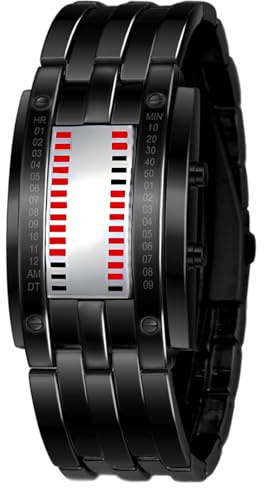 Fashion Binary Watches for Men Matrix Dial Cool Watches Outdoor Sport Casual Black Bracelet Square Red LED Stainless Steel Mens Watches (Black/red)
