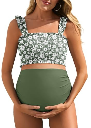 Summer Mae Maillot de Bain Deux pièces Bikini Taille Haute de maternité Ourlet à Volants Mignon Maillot de Bain Floral Grossesse Maillots de Bain, Voile de Jardin Bliss, XX-Large