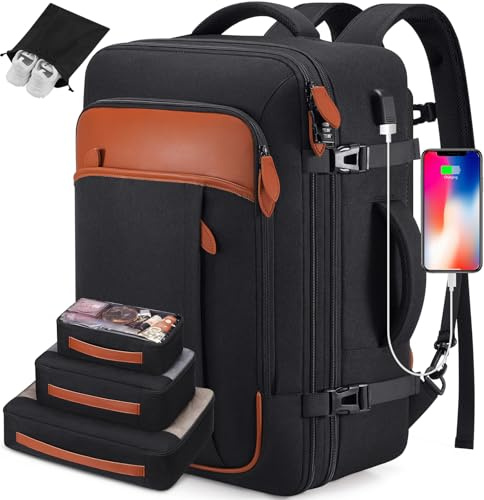 Roadcheer Travel Backpack for Men Women, Expandable Large Suitcase Backpack with 4 Packing Cubes, Rucksack for Plane Hand Luggage Bag, 42L Carry-Ons Cabin Bag College Work(Black, Large)