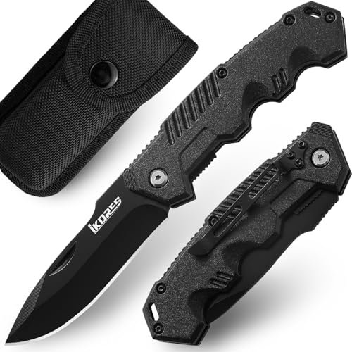 IKORES Klappmesser (Zweihandmesser),Taschenmesser mit Aluminiumgriff und Nylonscheide,Edc Messer mit Taschenclip,für Schwarz, Wandern,Camping
