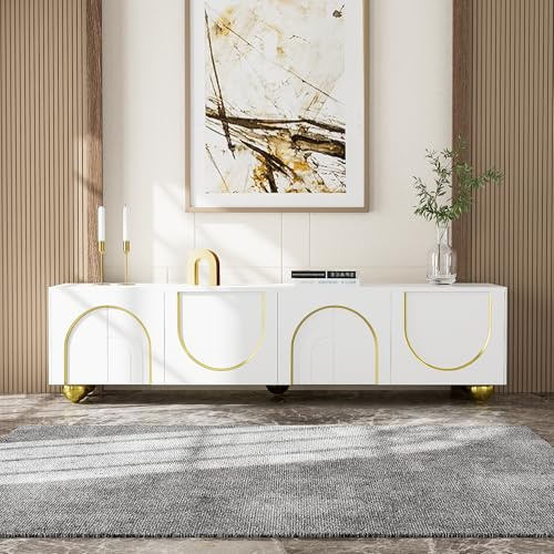 WASAGA Moderner TV-Schrank Verstellbare Einlegeplatten Leichte Lowboard-TV-Möbel im Luxusstil 170 x 38 x 44 cm (Weiß und Gold)