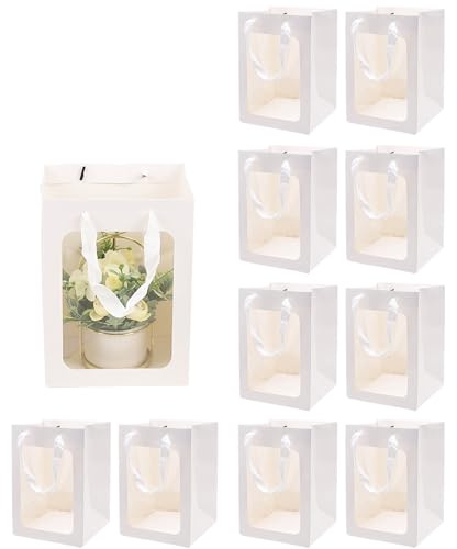 Leisofter Geschenktasche mit Fenster Transparente Bouquet-Geschenktaschen mit Griff Graduierung Papiertüten Papier Tote Blumentüten für Muttertag Graduierung Hochzeit, 10Pcs