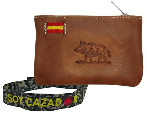 Pack Monedero de Piel con Jabalí + Pulsera Camuflaje Soy Cazador | Hecho en España | Artesanal | Regalo para Cazadores y Amantes de la Caza Mayor (Jabalí 2)