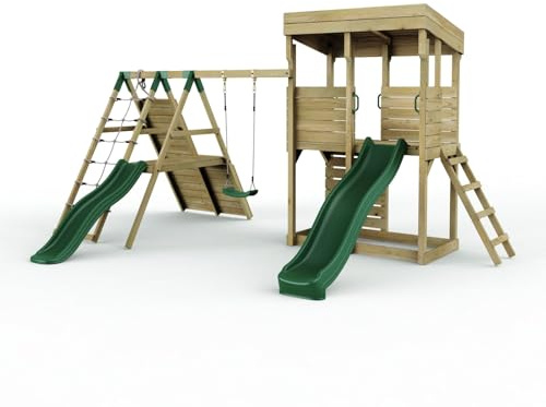 Rebo XL Lookout Tower Playhouse with Single Swing and Climbing Wall