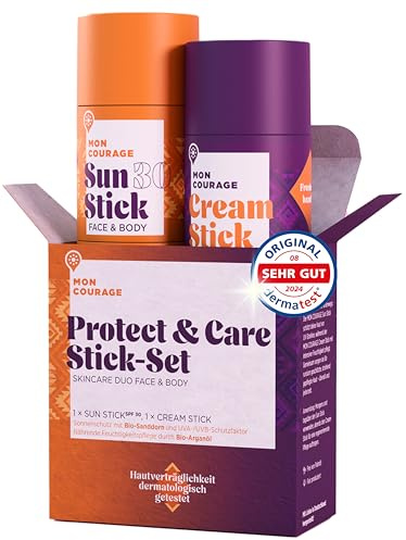 MON COURAGE Protect & Care Set LSF30+ [DERMATEST SEHR GUT] 3in1 Feuchtigkeitscreme trifft wasserabweisenden Sonnencreme Stick mit UVA/UVB Schutz - Sun & Cream Stick Set mit natürlichen Wirkstoffen