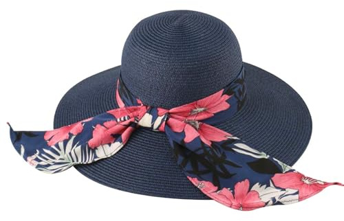 Hut mit breiter Krempe für Damen, Sommer, Strand, elegant, mit Blumenband, Sonnenschutz, Pamela-Stil, Urlaub, Garten, Marineblau, 57 cm