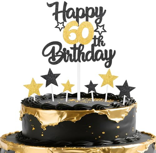 mciskin Black Gold 60th Birthday Decorations for Men,Black and Gold Party Decorations,Personalised Cake/Cupcake Toppers,Glitter Happy 60th Birthday Cake Toppers for Women Men Party Favor Supplies