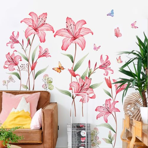 Runtoo Große Lilien-Wandaufkleber mit rosa Schmetterlingen, zum Abziehen und Aufkleben, Wandaufkleber für Mädchen, Schlafzimmer, Kinderzimmer, Wohnzimmer, Dekoration