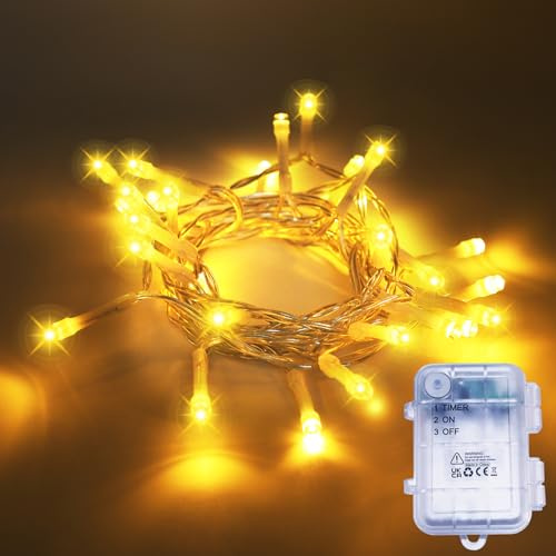 Afaiup Ghirlanda di luci a batteria, 3 m, 30 LED, luce bianca calda, funzionamento a batteria, con timer, IP65, luci natalizie da giardino, per feste, matrimoni, decorazioni per interni ed esterni
