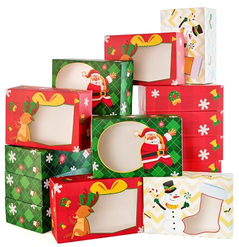 JOYIN 24PCS Christmas Cookie Boxes for Gift Giving, 8.75 x 5.75 x 2.75 Xmas Holiday Bakery Treat Boxes with Window, Kraft Cookie Tin Containers Box for Baked Goods, Cupcake, Pastry, Candy, Doughnut