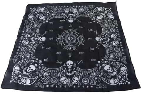 Hoite Schwarzer Bandana-Schal mit Totenkopf-Print – Vielseitiger Unisex-Kopfwickel/Halsschal (Halloween-/Piraten-/Cowboy-Stil)