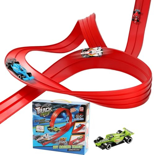 Juego De Pistas De Autos De Juguete - 4 Carreras Largas Enrollables De Autos Fundidos - Bucles Flexibles - Saltos - Rampas | Adjuntar A Las Puertas De para Golpes, Saltos, Túneles, Bucle Adecu