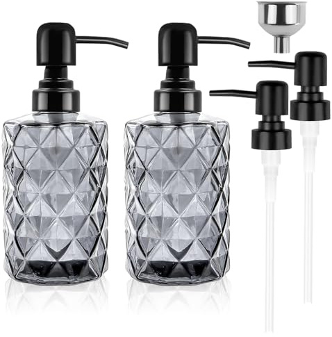 alwaiiz 2 dispensadores de jabón de cristal de 330 ml, dispensador de jabón negro con embudo de acero inoxidable y 2 bombas de metal, 2 bombas de plástico, dispensador de jabón de mano para baño y