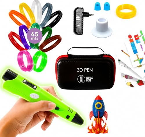 Penna 3D di precisione | Kit completo con 45 m di filamento PLA (15 colori) e 3 colori fluorescenti | Velocità regolabile | Strumento per lavori manuali e riparazioni