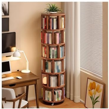 Bücherregal Drehbar, 2/3/4/5/6 Ebenen, Bücherschrank Für Kinderzimmer Mit Drehbare Räder, Drehregal Für Bücher & DVDs, Bücherturm, MDF(Walnut color,6-Tier)