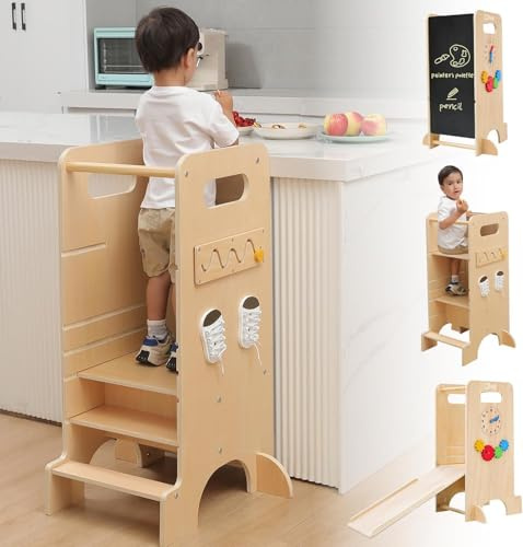 Tour d'apprentissage Montessori 4 en 1 Olvy Kids - Échelle en Bois - Tabouret escabeau à 4 marches - Tour de Cuisine pour Enfants - Tour d'apprentissage Debout pour Enfants à partir de 1 an