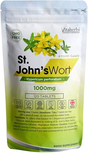 St John's Wort 1000mg - 120 Tablets | 4 Month Supply | High Strength | Vegan | Lab Tested | Allergen Free | Made in The UK - Vitaherbs