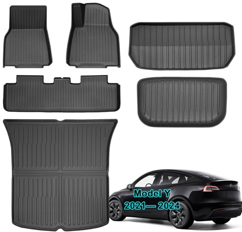 SUPER LINER Tesla Model Y Floor Mats 2025 2021-2024 | Custom Fit All-Weather 6-Piece Set TPE Material| Back Seat Protector, Cargo Liner, Trunk & Interior Accessories(Not Fit 7Seat & Juniper)