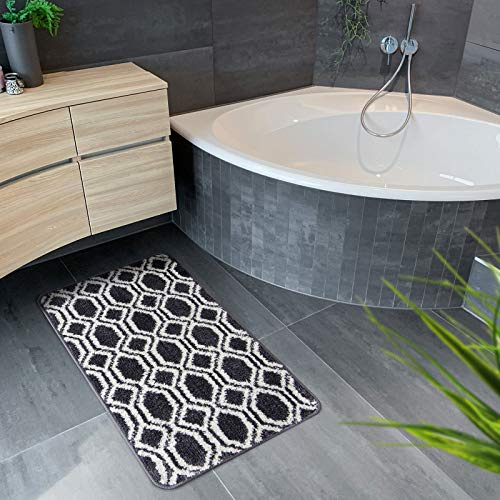Floordirekt Badematte | Badezimmerteppich | Rutschhemmend & Schnell trocknend | Geeignet für Fußbodenheizung | Super Soft | 3 Designs - 2 Farben - 4 Größen (80 x 150 cm, Casablanca | Schwarz)