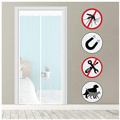 Magnet Fliegengitter Tür, 90x200cm, Weiß, Magnetische Fliegengittertür, Insektenschutz Vorhang für Wohnzimmer Balkontür, Dichtung automatisch, frische Luft hereinlassen