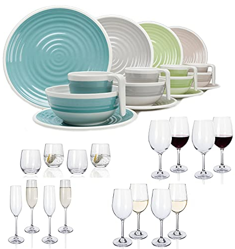 Vajilla de melamina para camping, 4 personas, armonía, 16 piezas + 16 vasos de agua, copas de vino, champán, vajilla de pícnic, barbacoa