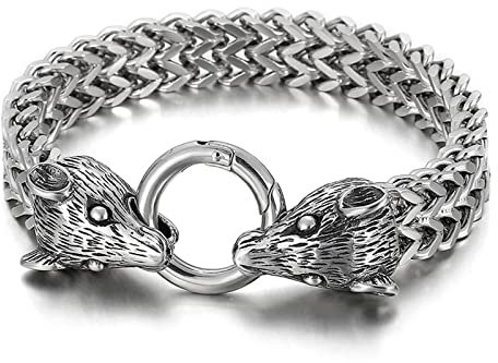Daesar Charm Armband Herren Edelstahl, 12MM Breite Gliederarmband mit Ratte Bettelarmband Armband Silber 22.5CM