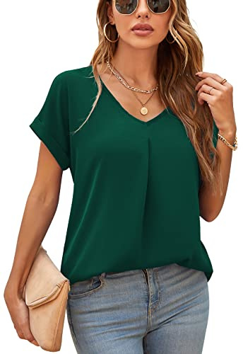 Yommay Blusas de verano para mujer, elegantes, informales, de manga corta, de gasa, blusas para mujer, verde oscuro, XL