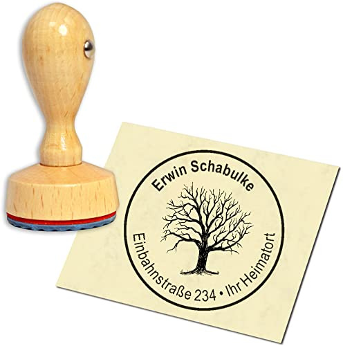 Stempel Adressstempel Holzstempel - Baum im Winter - rund ∅ 40mm personalisiert als Firmenstempel Namensstempel Bürostempel