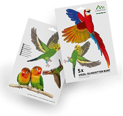 GARDIGO® Lot de 5 autocollants de protection contre les oiseaux - Autocollants décoratifs avec oiseaux exotiques - Pour l'extérieur et l'intérieur - Colorés - Pour fenêtres, portes, jardins d'hiver,